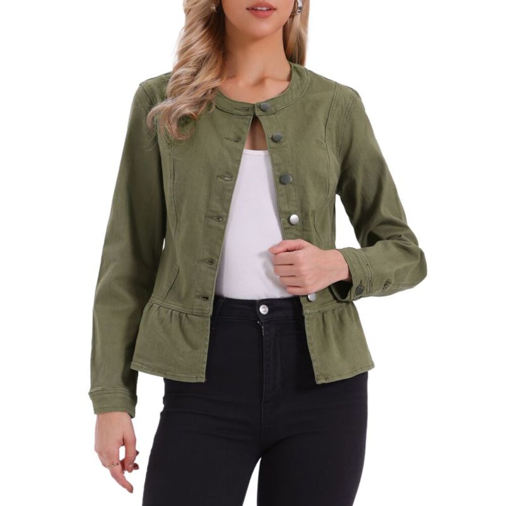Women's Collarless Peplum Denim Jacket Army Green